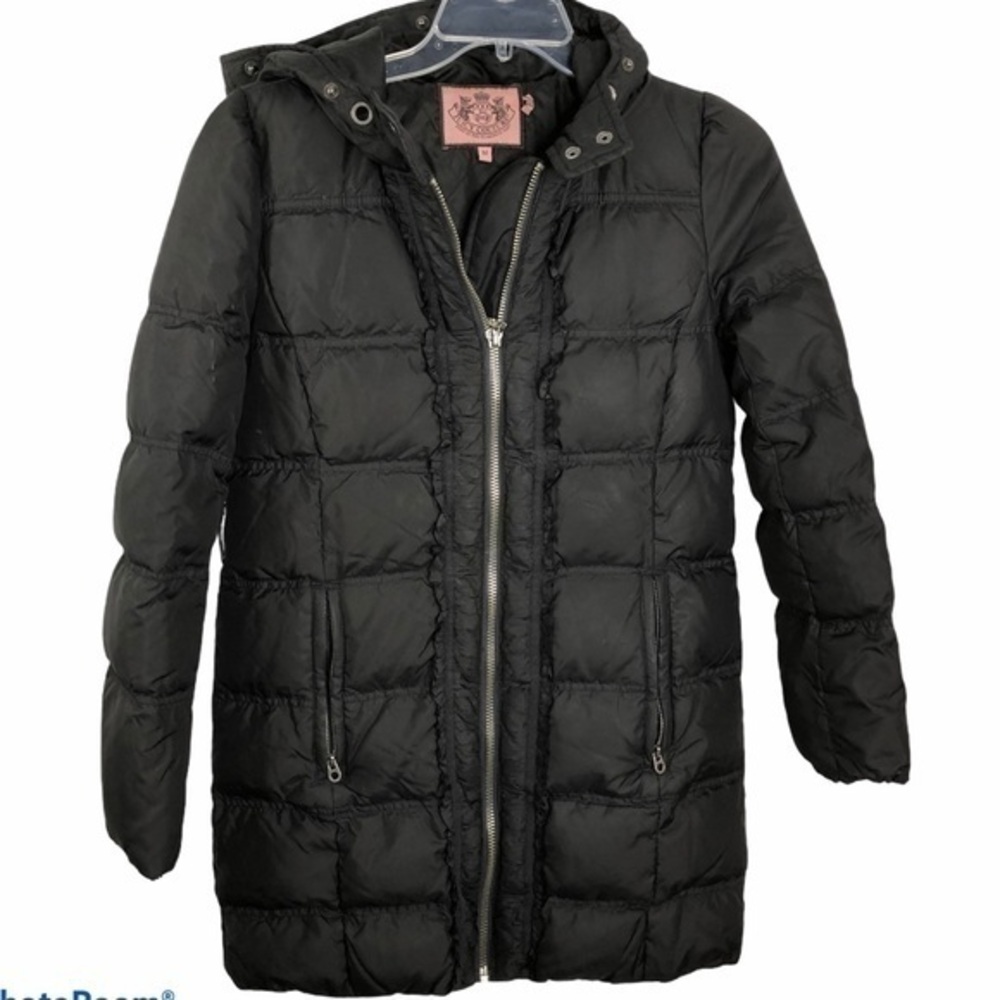 Down & feather puffy black coat by Juicy Couture.